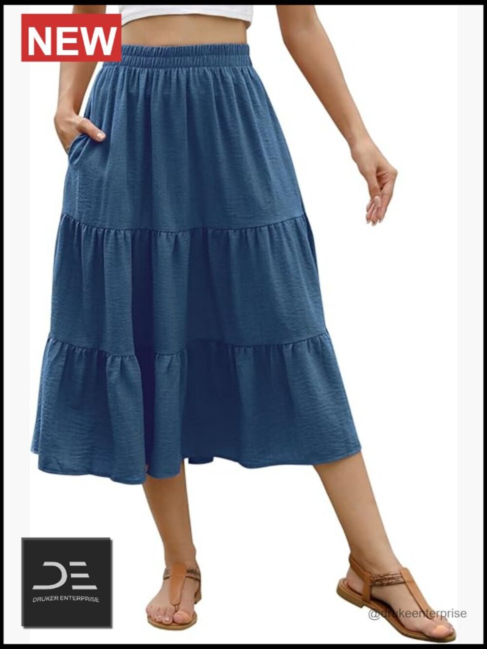 Linen Midi Skirt with Pockets Elastic Waist Flowy Ruffle A-Line Tiered Summer